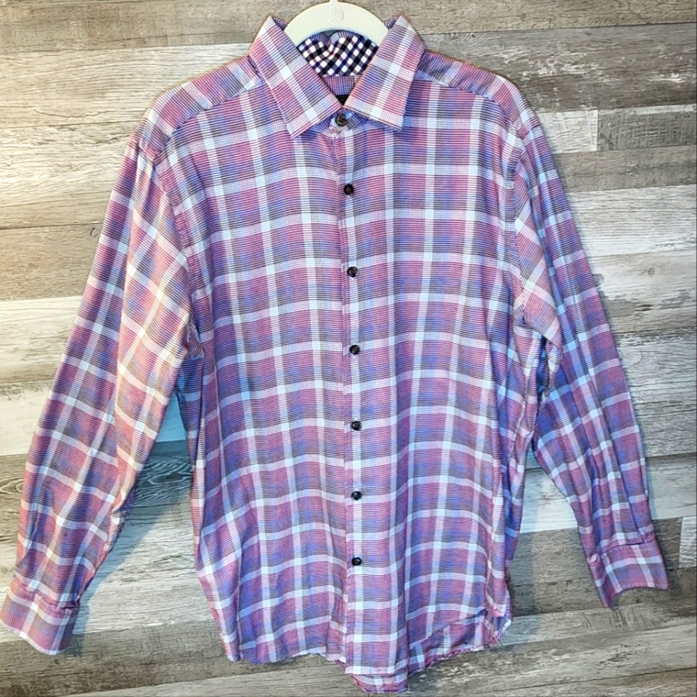 Kenneth Roberts Platinum Slim Fit Button Down Shirt Purple/Blue L Cotton Plaid